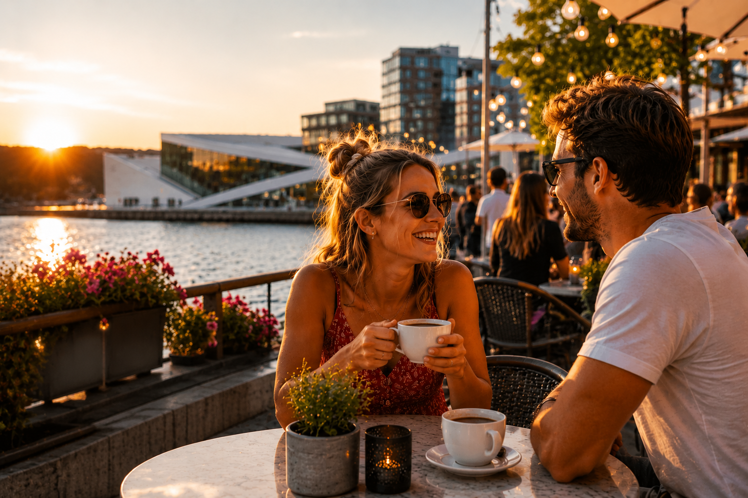 Par som nyter kaffe ved Skien-havnen i solnedgang